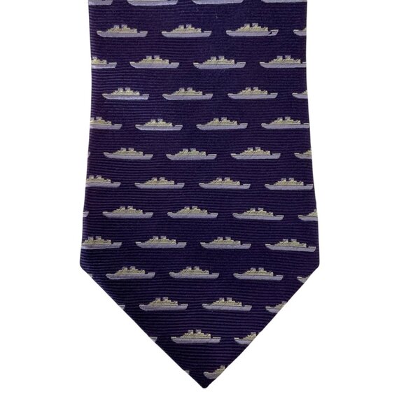 Tumi Mens Silk Faille Navy Ship Pattern Necktie Tie Purple Silver Made In Italy - Picture 2 of 4